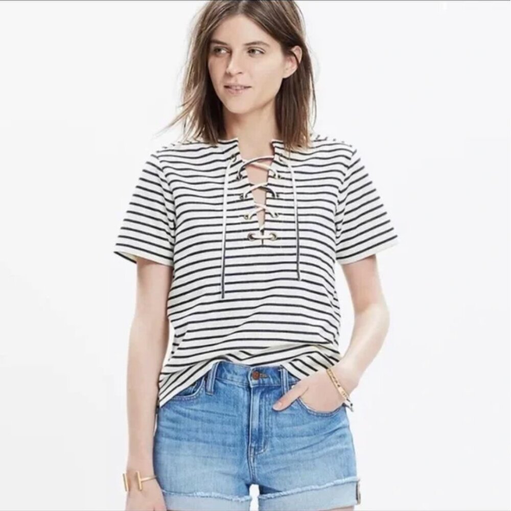 Madewell Striped Lace-up Top Navy White Size Medium